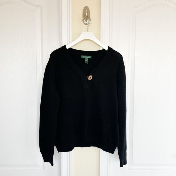 LAUREN Ralph Lauren Size L Black Heart Shaped Neck Long Sleeved Sweater Statemen - Picture 1 of 6